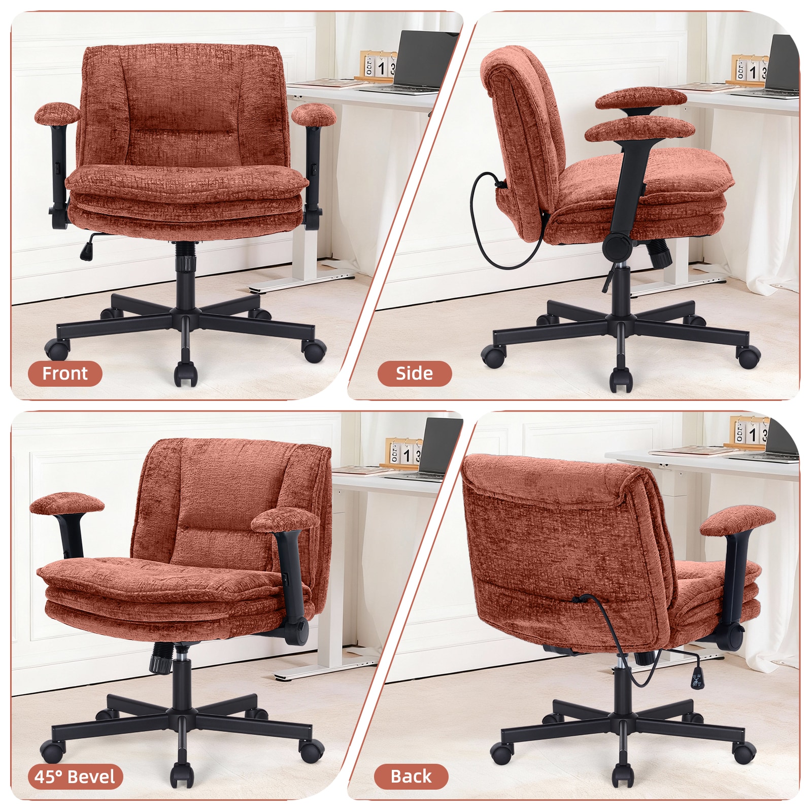 Criss Cross Chair With Wheels And Flip Arms, Upholstered Cross Legged Office Chair With 3 Layer Cushions&Dynamic Airbag Lumbar Support, Wide Seat Comfy Desk Chair For Home Office, Living Room, Orange_maomaolike.com